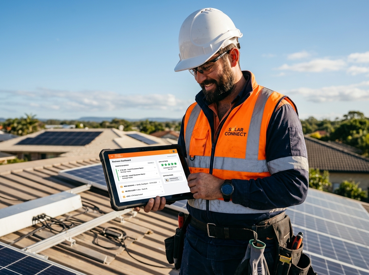 Australian solar installer on rooftop checking business dashboard on tablet